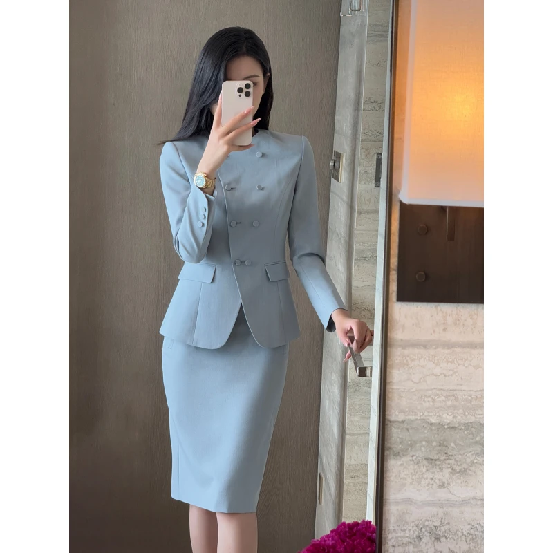 智性Gentle 春日坚柔灰蓝色知性圆领西装半裙套装-3441