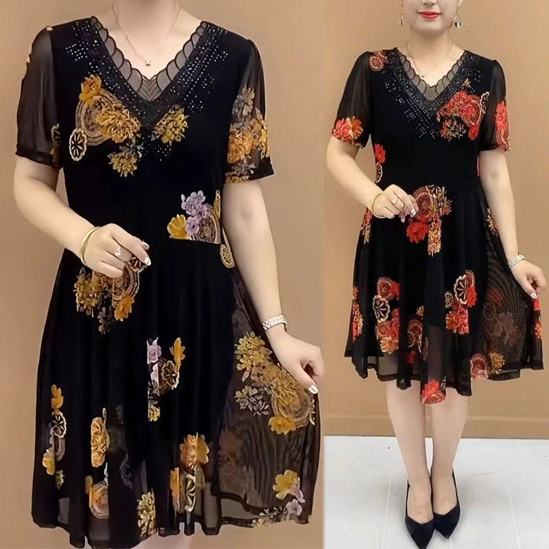 夏季镶钻网纱连衣裙小个子胖mm大码遮肚宽松气质洋气减龄a字裙子