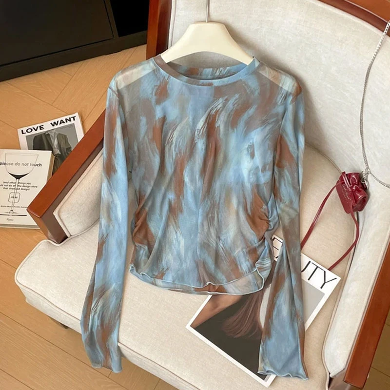 晕染印花网纱打底T恤女长袖夏季修身收腰微透防晒衫薄款早秋上衣