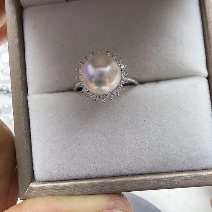 戒指银S925镶嵌海水珍珠海水akoya珍珠戒指8-9mm