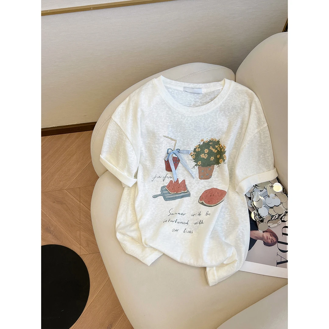 雪花棉设计感趣味印花时尚圆领短袖T恤女2025夏季新款休闲体