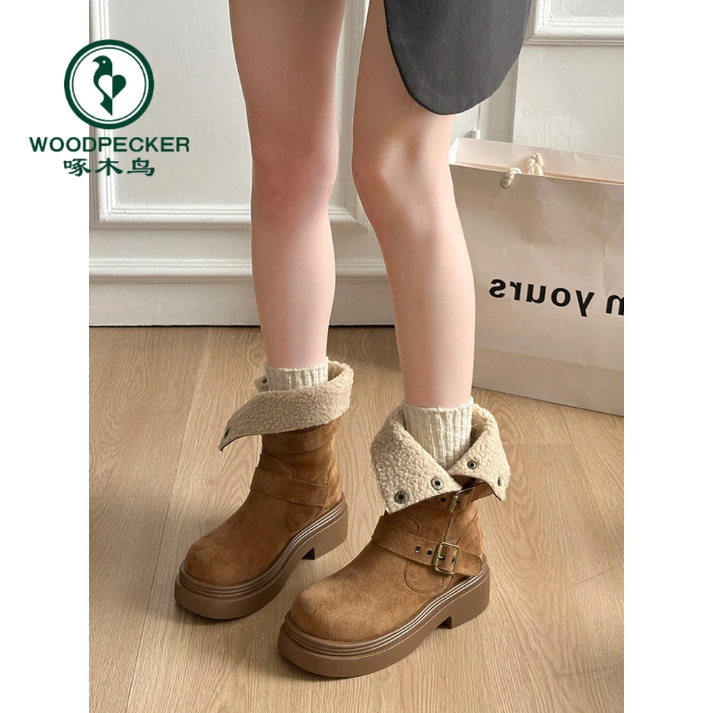啄木鸟美拉德两穿中筒马丁靴女款冬季加绒保暖棉靴百搭厚底雪地靴