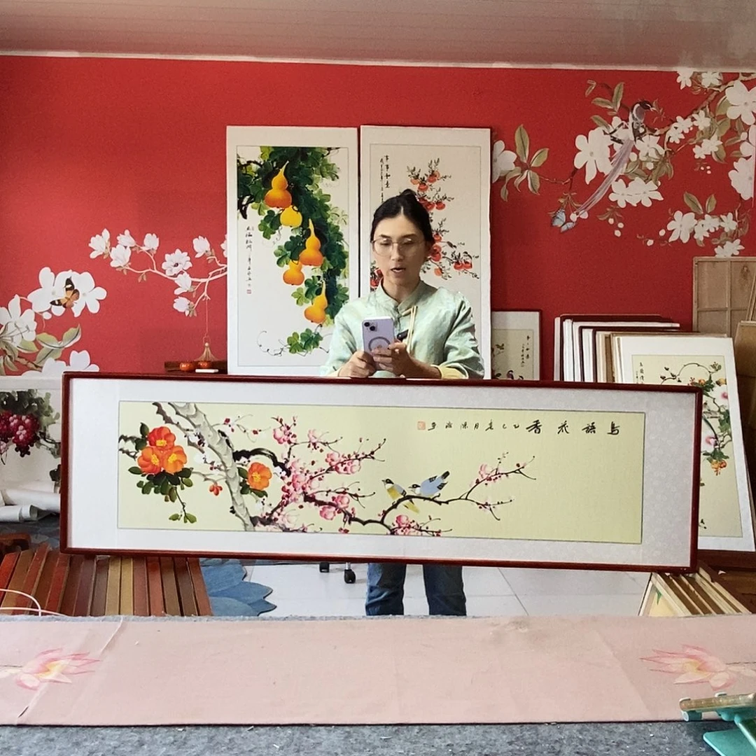 国画手写手绘国画作品带框包邮47✖️162
