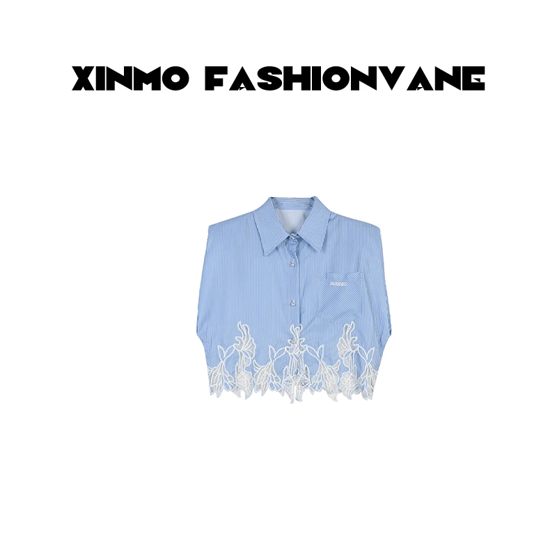 【XINMO】夏季气质牛仔时尚百搭小众蕾丝衬衫C06150502