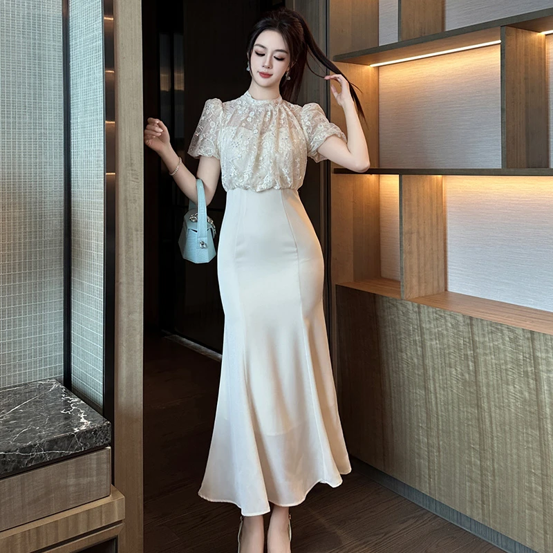 夏季名媛宴会优雅显瘦连衣裙法式抹胸型修身短袖开叉长裙11519