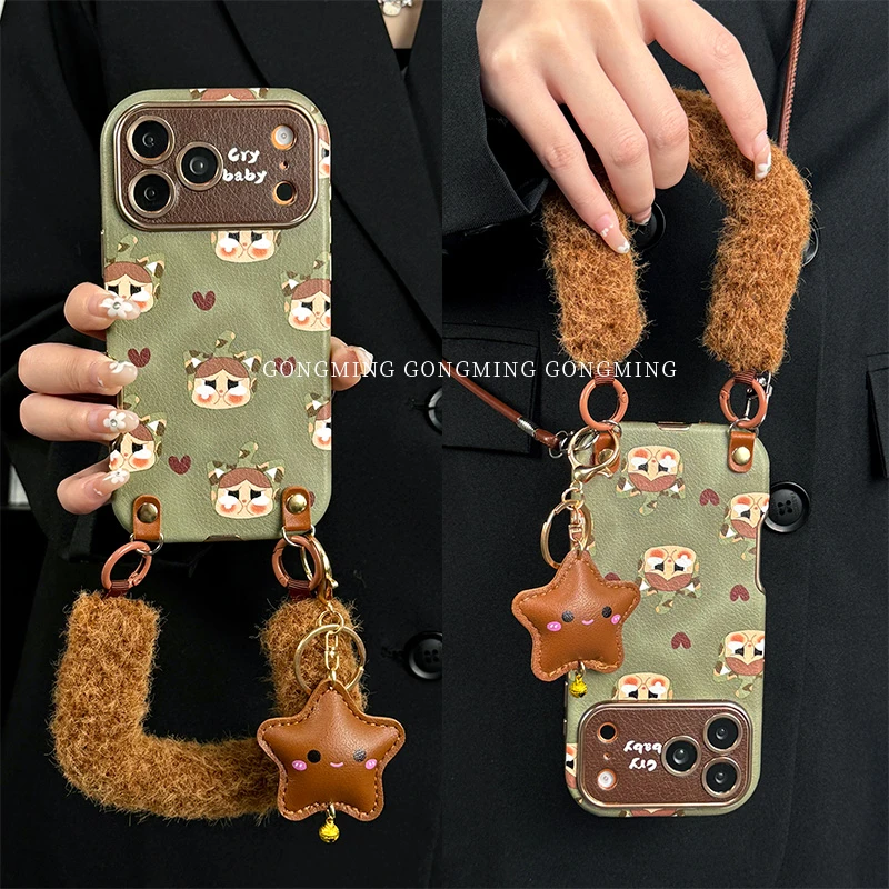 绿底爱心哭娃电镀小羊皮壳适用iPhone苹果17手机壳16promax新款15