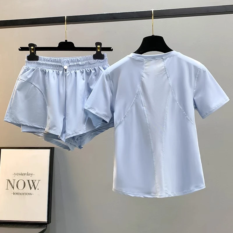 跑步运动套装女夏季宽松显瘦速干健身t恤羽毛球短裤瑜伽服两件套