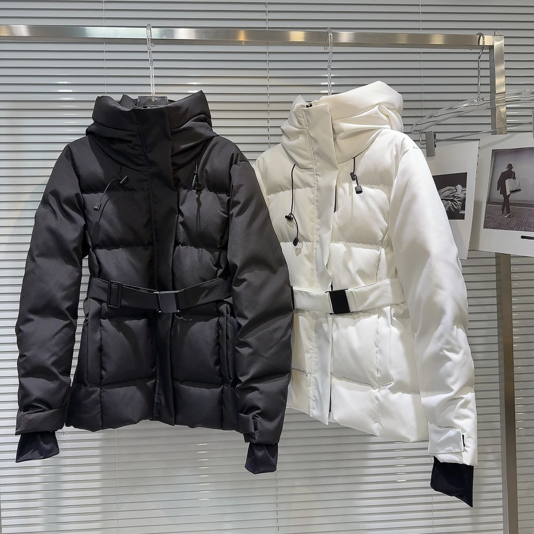 2024冬季新款气质纯色收腰腰带保暖高领连帽羽绒服外套