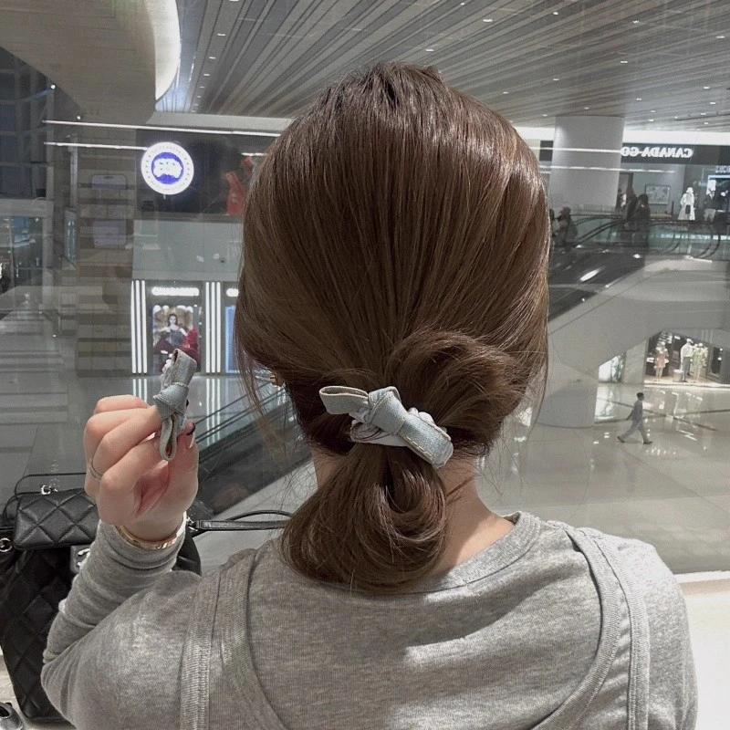 韩版牛仔蓝蝴蝶结发圈女高级感扎头发头绳高弹力耐用ins皮筋发绳