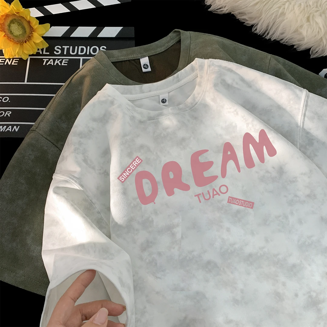 美式扎染麂皮绒短袖t恤男夏季新款潮牌重磅体恤痞帅慵懒重磅t恤男