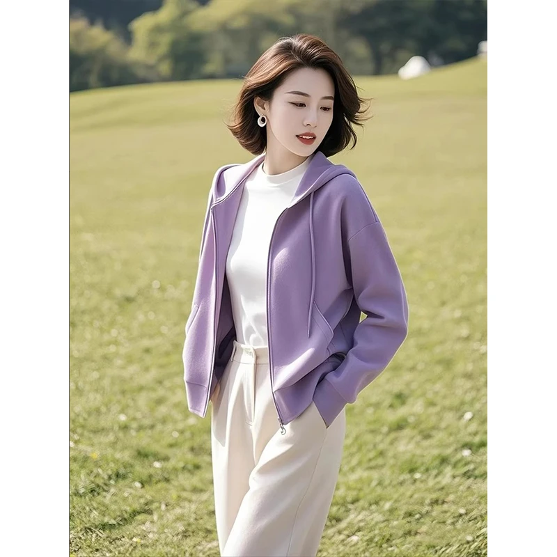 今年流行的独特超好看小个子短款休闲连帽紫色2025年新款女装外套
