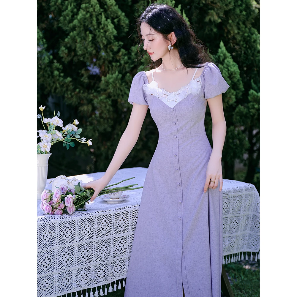 实拍现货 法式手工钉花蕾丝拼接收腰显瘦连衣裙2025夏季裙子