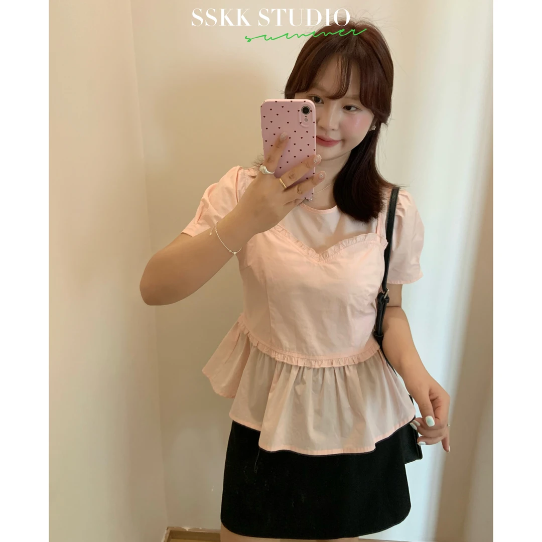 KMZY/KMZY山_山【粉黛少女】微胖韩系甜美粉色拼接吊带假两件衬衫女