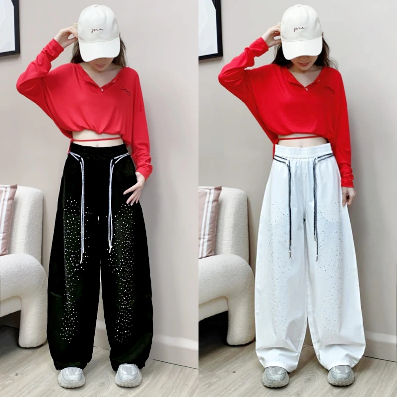秋季新款潮牌弯刀牛仔裤阔腿裤烫钻闪钻长裤广场舞曳步舞跳舞裤子