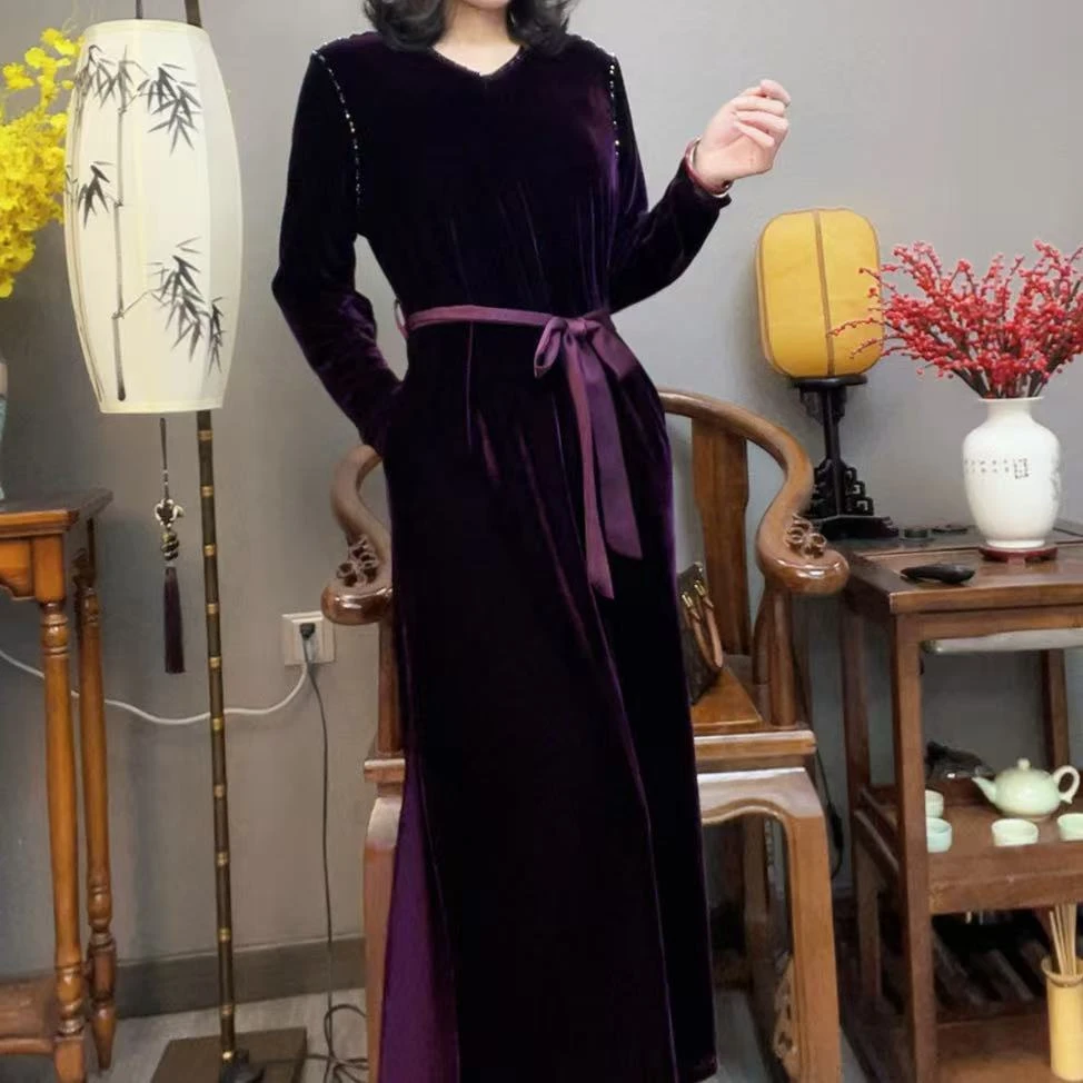 【峰姐甄选】时尚串珠ｖ领腰带长袖连衣裙811【HBX】