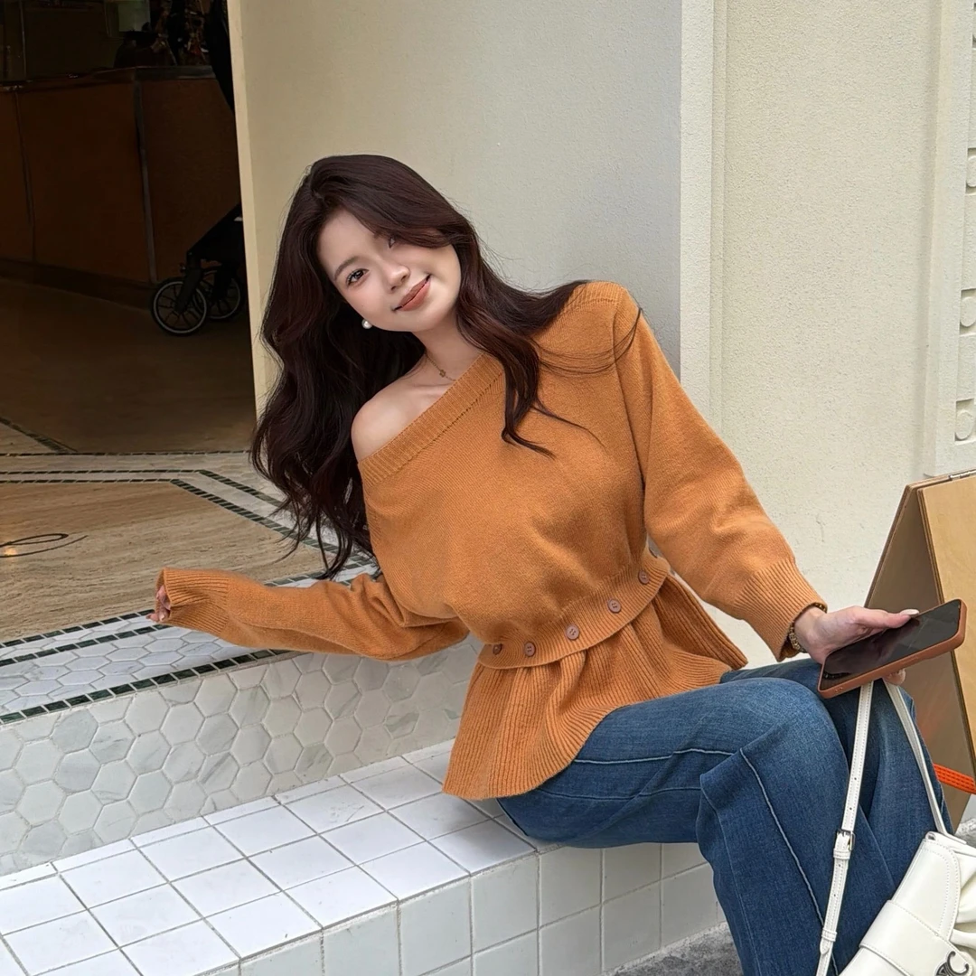 【南瓜橘调】韩系花苞式屁帘针织衫秋季收腰显瘦慵懒设计感毛衣上衣