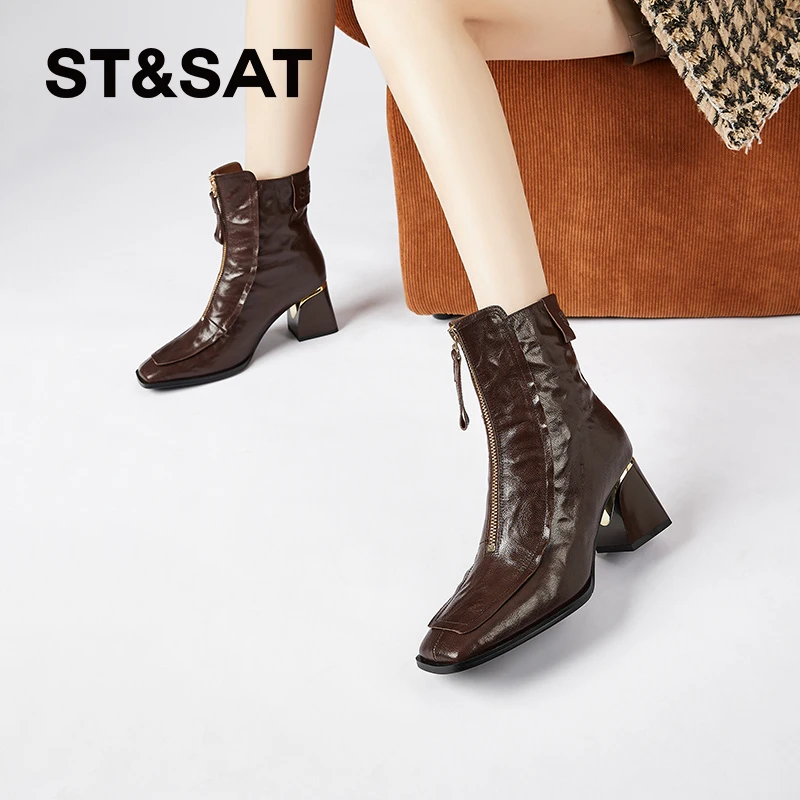 星期六羊皮气质尖头短靴女2025秋季新款时尚加绒时装靴欧美瘦瘦靴