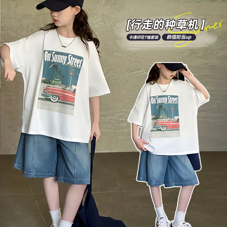 女童夏季短裤2025新款儿童外穿时髦女大童夏装薄款牛仔五分裤套装