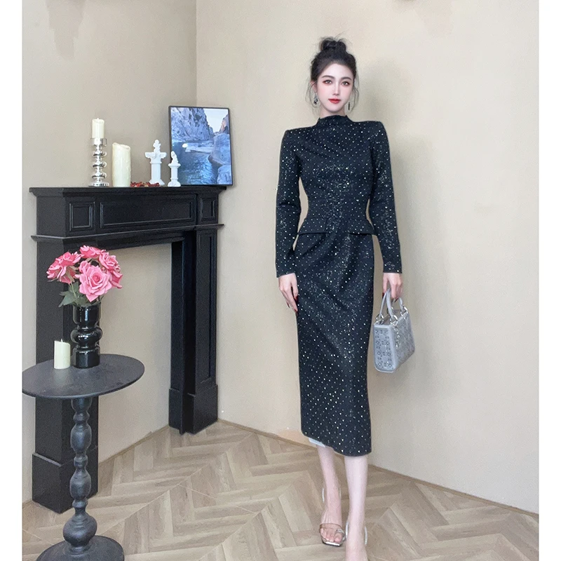 【设计师定制】秋冬新款气质轻奢修身星光烫钻爆闪百搭连衣裙21624