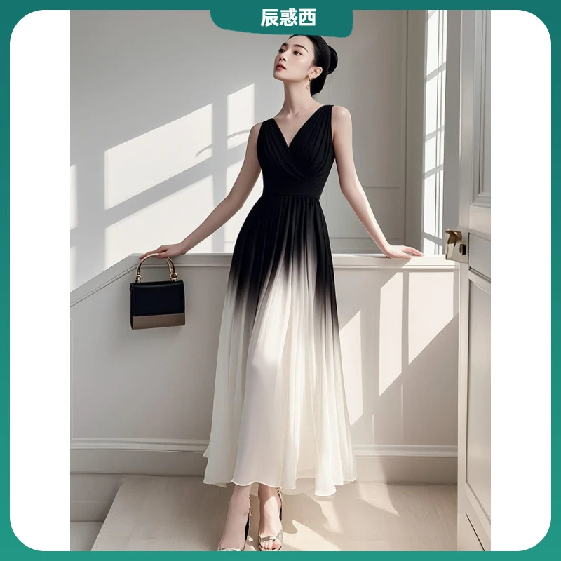 1小众黑白撞色无袖渐变色连衣裙女夏季独特绝美法式气质长裙子I