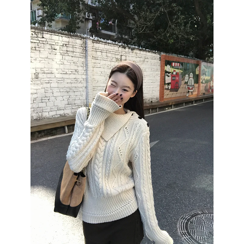 【复古信件】冬季法式不规则针织斜领收腰显瘦修身翻领毛衣25872