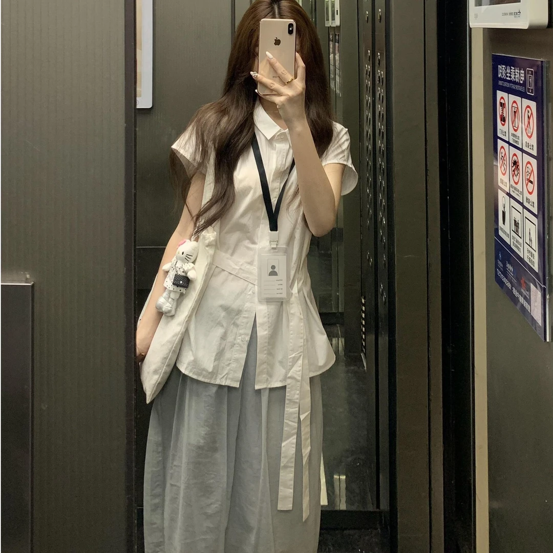 韩版时尚休闲两件套女夏季新款气质短袖衬衫上衣半身裙套装潮