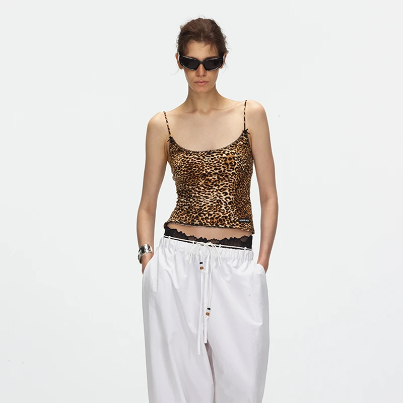 ECHOADE野性又时髦 无束缚贴身剪裁豹纹花边蝴蝶结少女感吊带背心