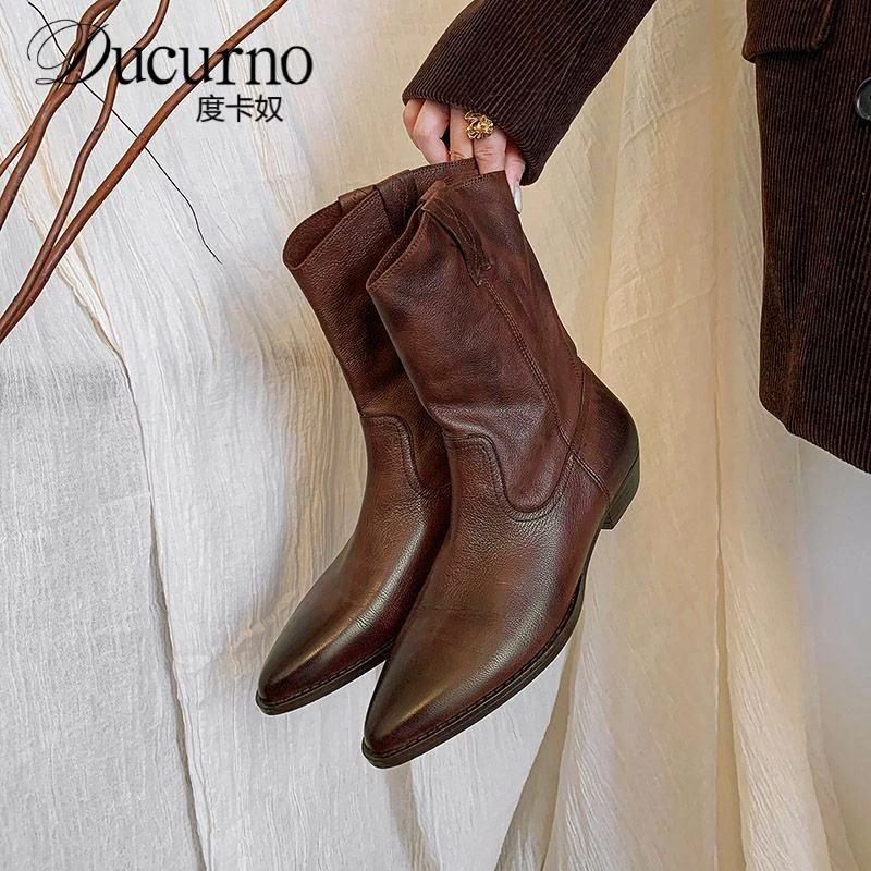 命运秋冬风格覆古尖头v口西部靴美拉德棕色厚跟山羊皮短靴靴子