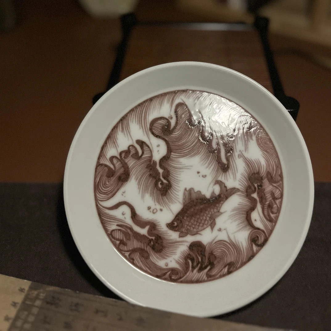 景德镇幽蓝溪堂原矿釉里红鱼藻海浪问壶承茶具