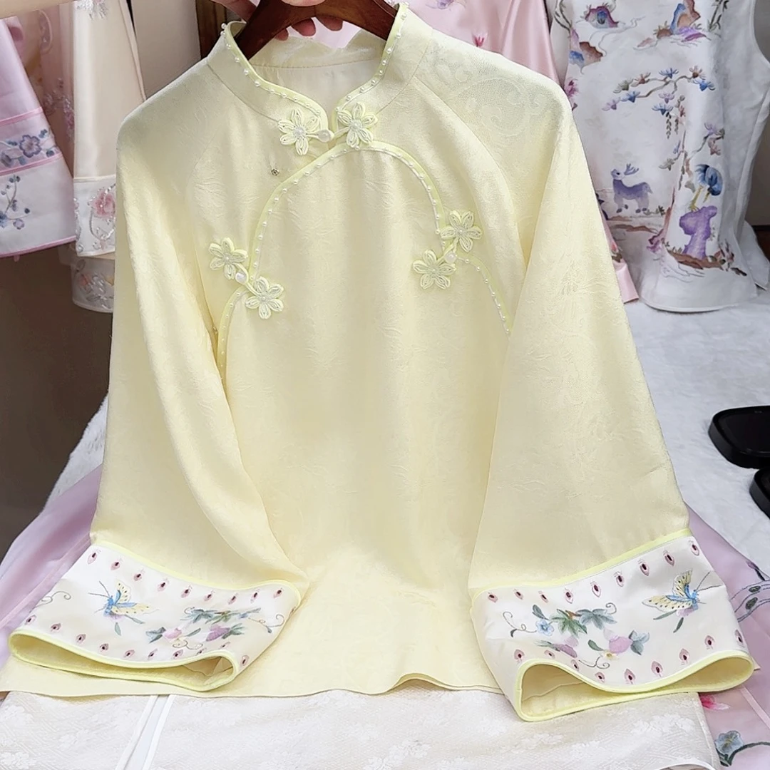 织绣真丝黄色美菱襟上衣