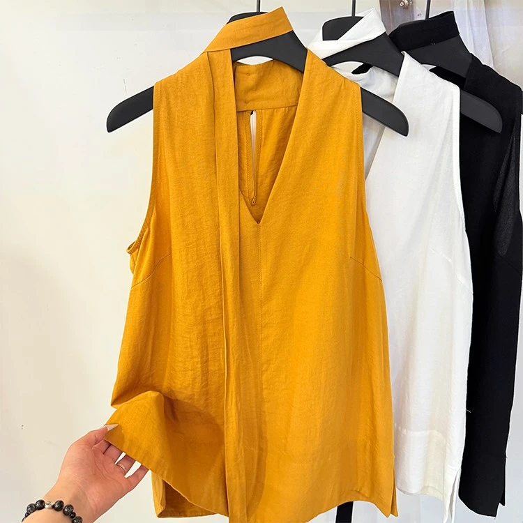 2025夏季新款韩版宽松显瘦百搭V领挂脖无袖衬衫上衣女