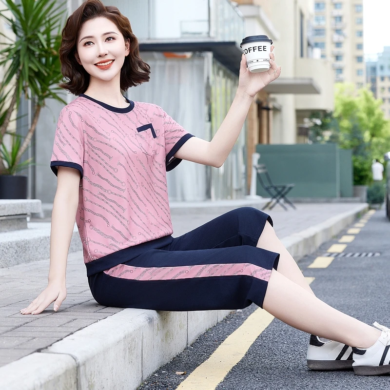 时尚妈妈装短袖新款七分裤圆领套装夏季新品中老年女装两件套舒适