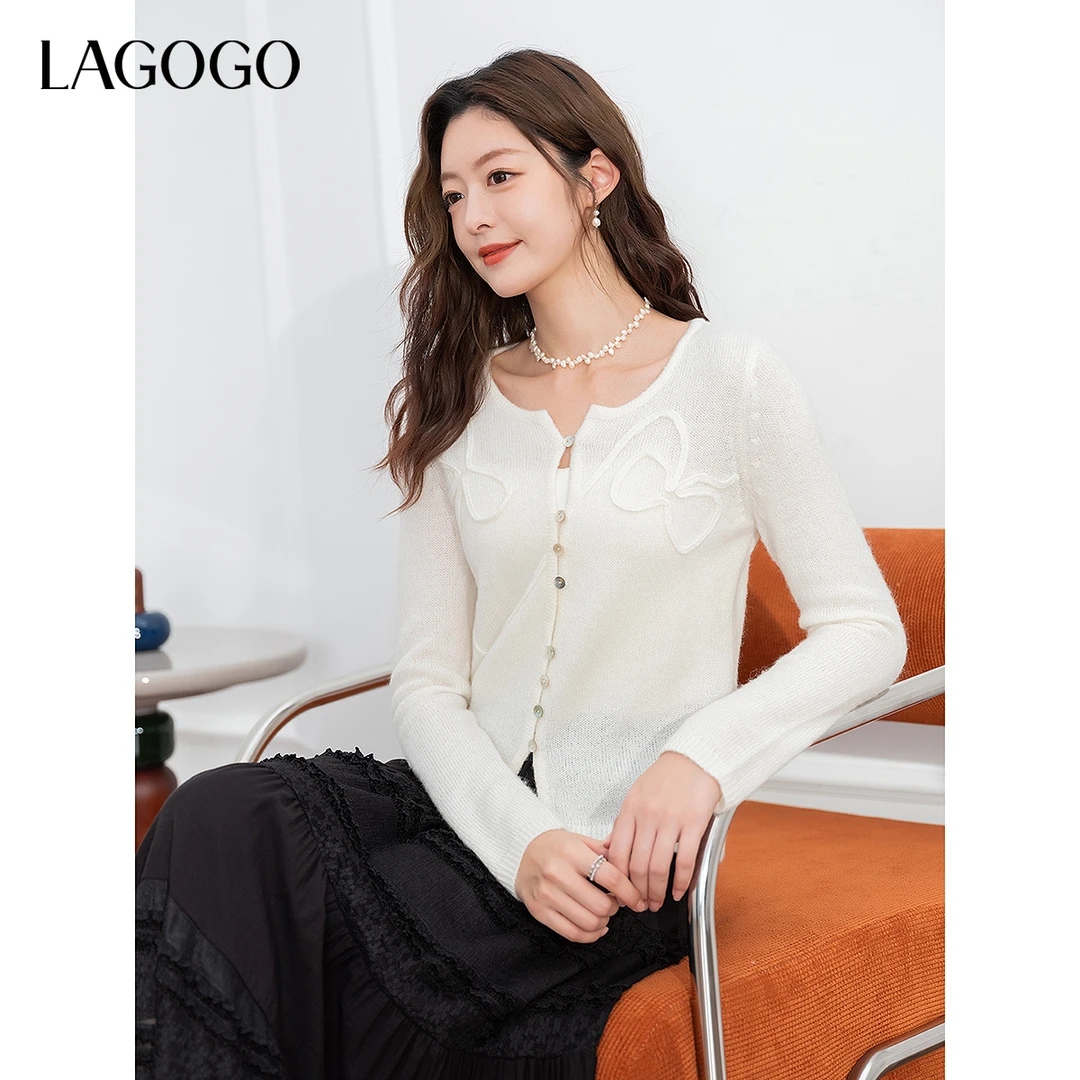 【重百粉丝专属】lagogo新款含羊毛蝴蝶结针织开衫女OCMM837WK5