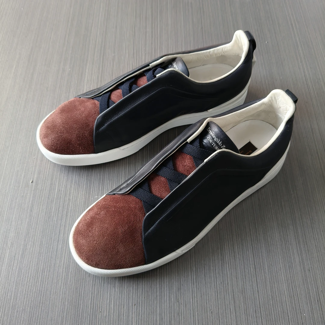 99新 ZEGNA 45码/杰尼亚 黑棕色 低帮时尚休闲百搭板鞋