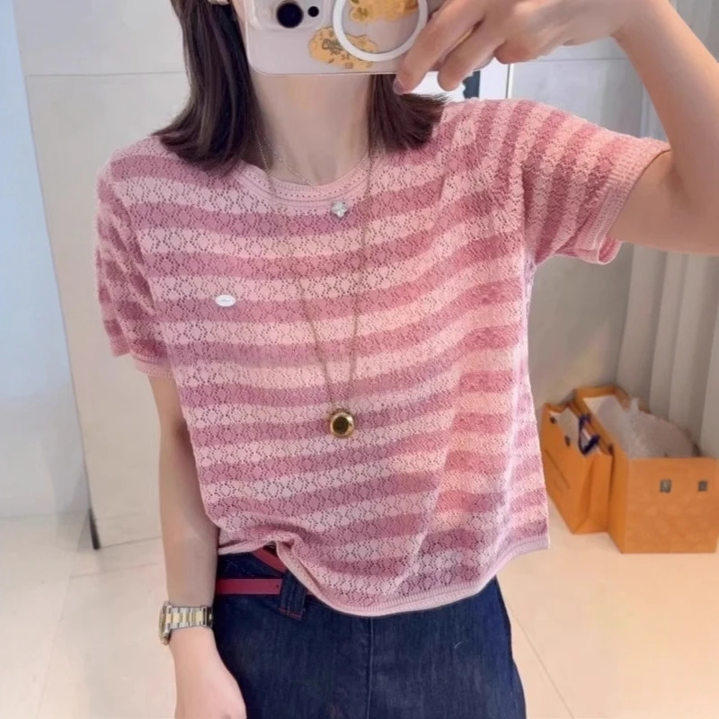 粉色撞色条纹设计感冰丝针织T恤女大码2025夏季独特漂亮宽松上衣