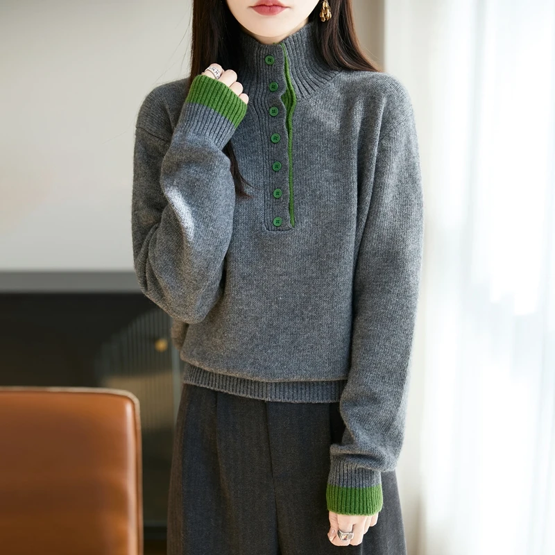 品牌女装正品新款拼色假两件长袖毛针织女时尚休闲宽松百搭上衣