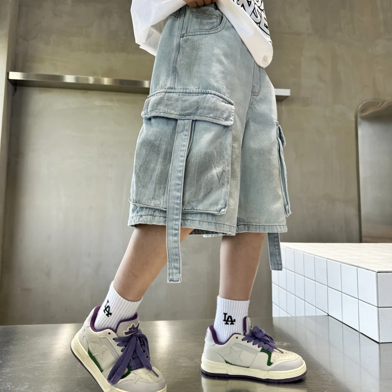 男童夏季工装牛仔五分裤中大童2025新款儿童夏装韩版百搭油漆中裤