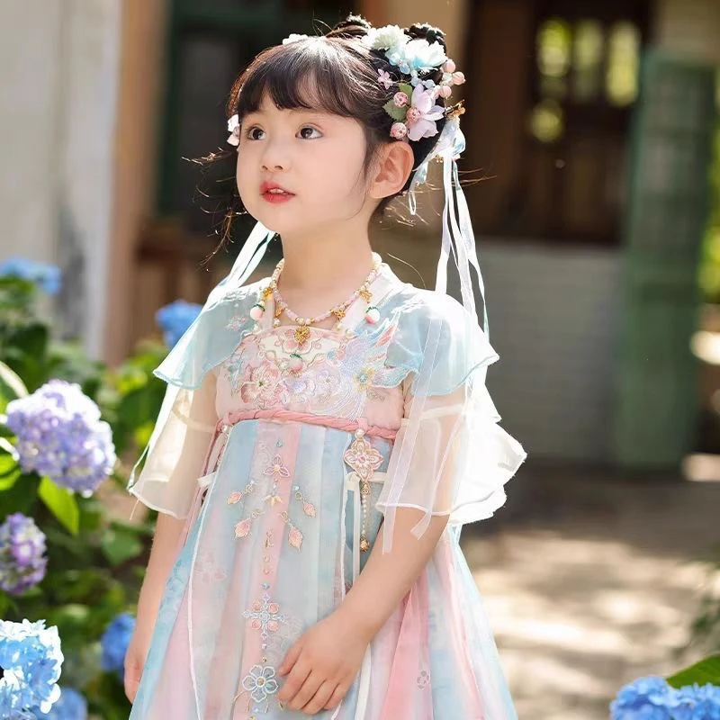 儿童女童夏季薄款超仙中国风古风汉服齐胸襦裙小女孩飘逸连衣裙