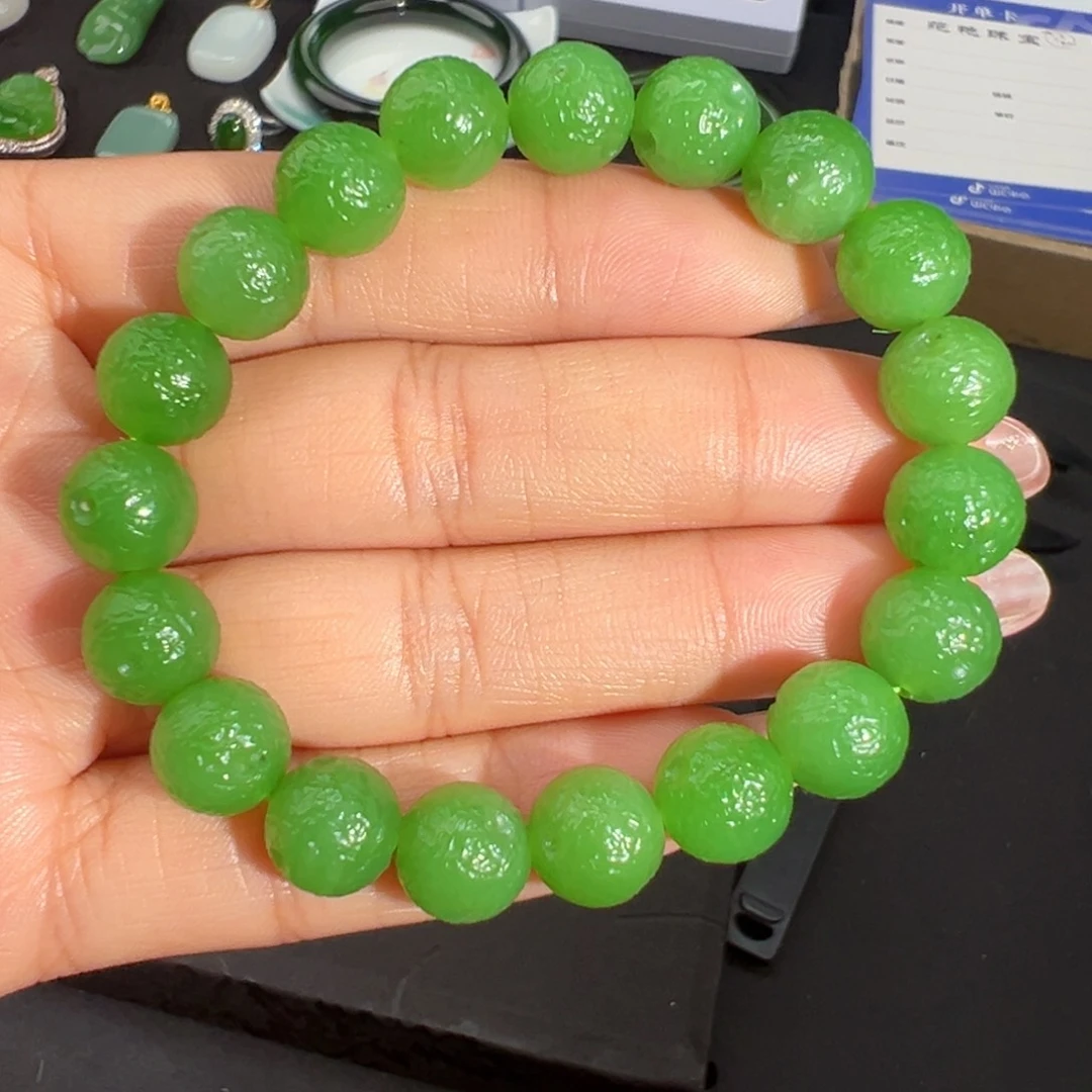 和田玉（碧玉）未镶嵌手串果绿玲珑珠10mm
