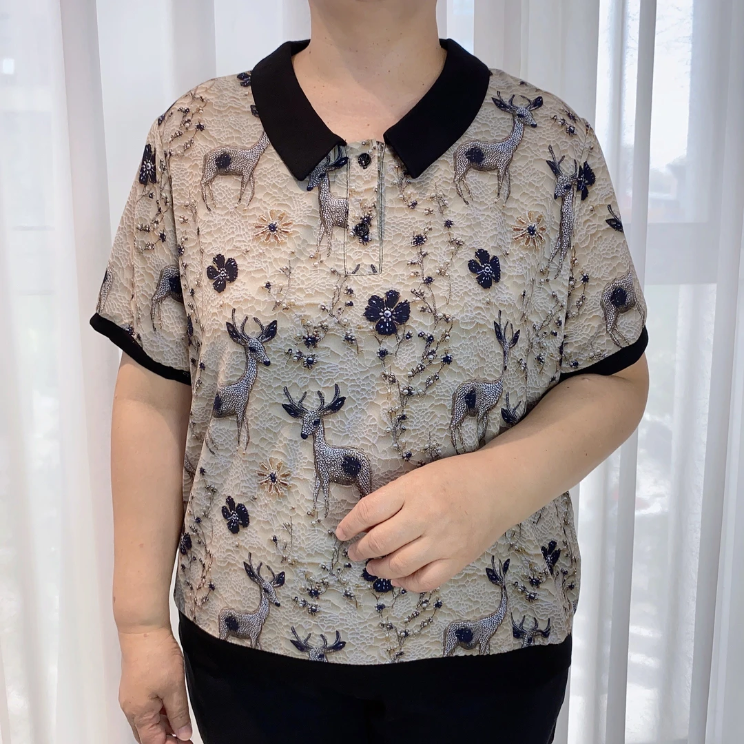 2025中老年妈妈装衬衫夏季薄款雪纺衫翻领洋气时尚宽松上衣25120