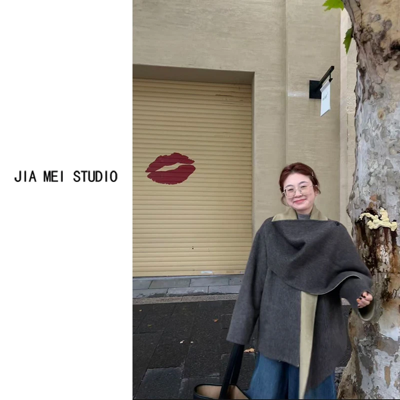 A170秋冬新款设计感拼色围巾领披肩双面羊毛大衣中长款气质显瘦女