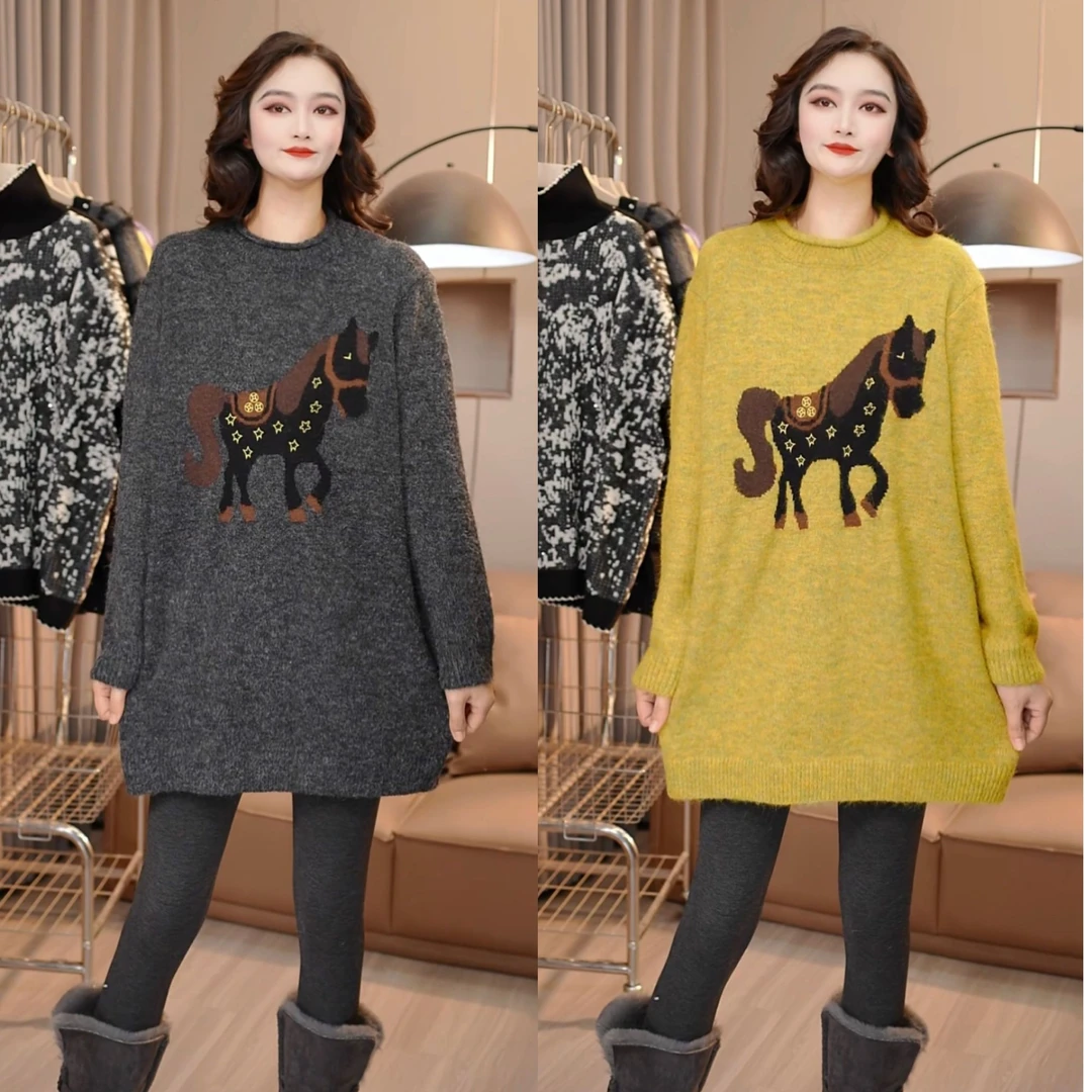 2025新款百搭卡通小马针织圆领毛衣加厚气质设计感2828#