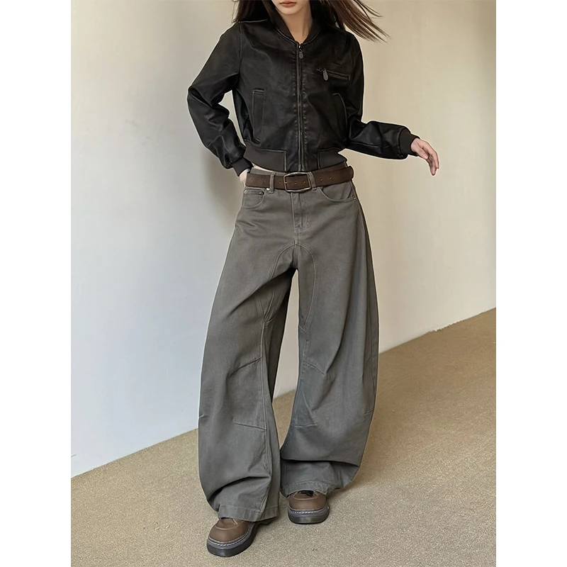 美拉德廓形阔腿弯刀牛仔裤男女秋季新款美式复古褶皱宽松拖地裤子