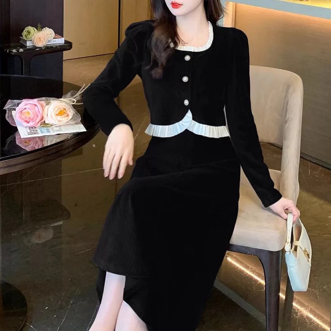 9902蕾丝边三粒扣假两件连衣裙