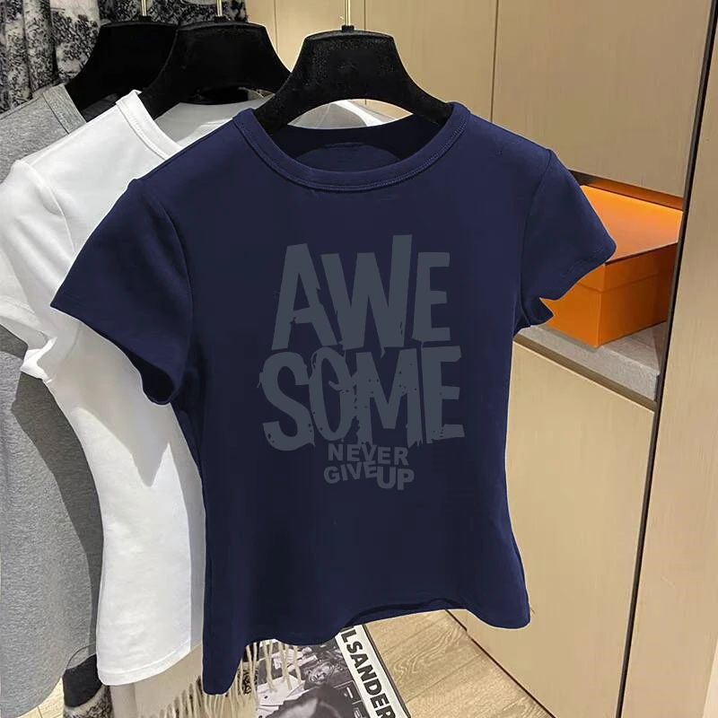 2025夏季正肩纯棉圆领短袖t恤女装ins时尚百搭洋气藏青色上衣修身