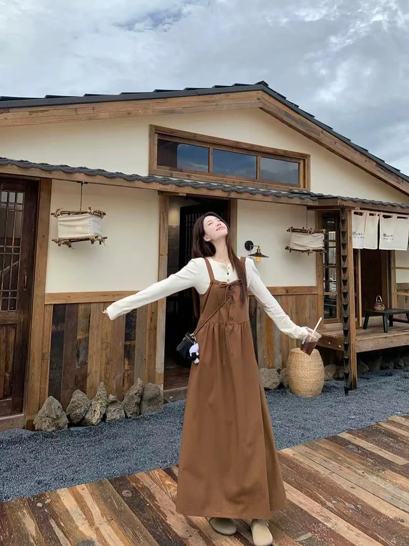 绑带背带连衣裙女秋季甜美宽松大摆裙叠穿a字长裙小衫两件套8820