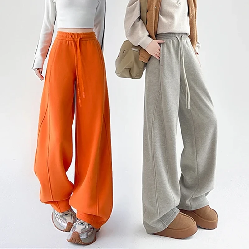 2025秋冬新款加绒加厚轻云暖暖裤女美式宽松百搭休闲弯刀阔腿裤子