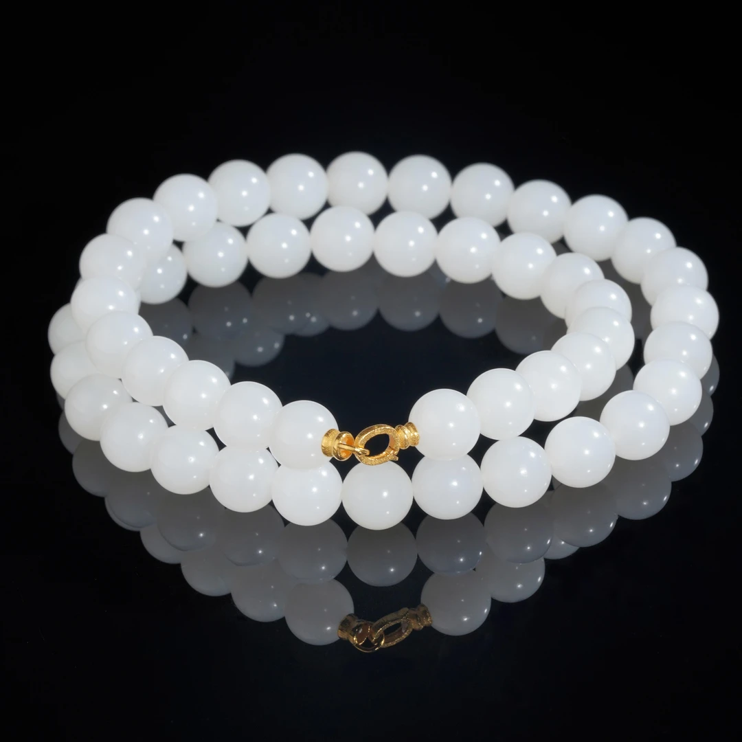 【鹿鸣】明珠 | 18k金和田玉特细润白10mm项链 LM09