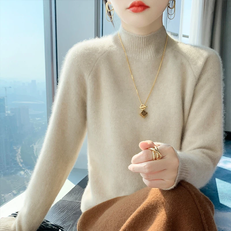 重磅加厚款~100%纯山羊绒衫女半高领宽松休闲百搭针织打底NSY2219