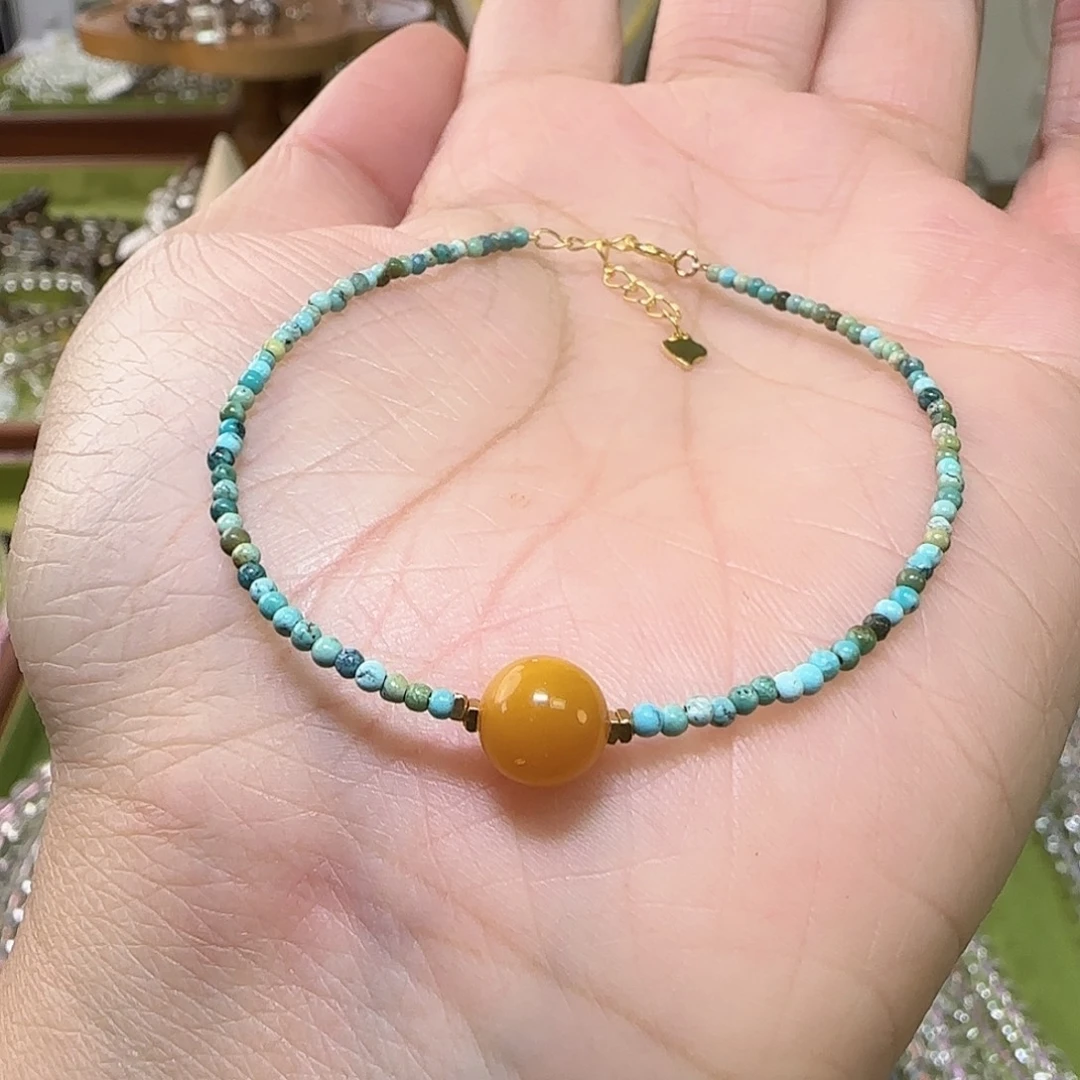 水晶手串未镶嵌天然松石配鸡油黄蜜蜡手链